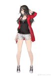  absurdres arm_at_side arm_up bare_legs black_hair breasts cleavage hair_between_eyes highres jacket medium_breasts mogumo off_shoulder open_clothes open_jacket parted_lips profile red_eyes shoes short_shorts shorts sneakers solo tank_top tokoshie_bullet 