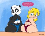 bear big_breasts big_butt blonde_hair blue_eyes breasts butt clothing comparison digital_media_(artwork) english_text eyelashes female gloves hair huge_butt joaoppereiraus mammal overweight panda pig porcine slightly_chubby sueli_(character) sylvia text thick_thighs underwear whistle 