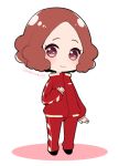  blush brown_eyes brown_hair chibi commentary_request do_m_kaeru okumura_haru persona persona_5 red_track_suit short_hair smile solo track_suit twitter_username 