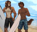  2018 5_fingers anthro black_nose brown_fur brown_hair clothed clothing day detailed_background digital_media_(artwork) duo ear_piercing fur green_eyes hair hybrid male muscular muscular_male outside piercing robyn_paperdoll sky smile topless 