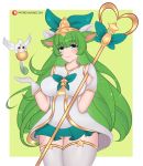  1girl alternate_costume alternate_hair_color alternate_hairstyle animal_ears blue_eyes blush breasts curvy fluffy_ears gloves green_hair large_breasts league_of_legends long_hair looking_at_viewer lulu_(league_of_legends) magical_girl pix_(league_of_legends) pointy_ears smile solo staff star_guardian_lulu thick_thighs wide_hips yordle 