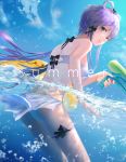  absurdres bikini bikini_skirt black_bow blue_sky bow breasts day floating_hair from_behind green_eyes gun hair_bow hair_rings highres holding holding_gun holding_weapon leiq long_hair looking_back luo_tianyi medium_breasts outdoors parted_lips partially_submerged purple_hair ribbon short_hair_with_long_locks sideboob sidelocks sky smile solo swimsuit thigh_ribbon very_long_hair vocaloid vocanese water_gun weapon white_bikini 