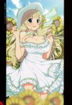  absurdres bangs bare_shoulders blonde_hair blue_sky blurry breasts cloud cloudy_sky day detached_collar dress fingernails flower frilled_dress frills hair_ornament hairclip hat highres large_breasts long_hair looking_at_viewer official_art open_mouth outdoors page_number scan senran_kagura shiny shiny_skin sidelocks sky smile solo strapless strapless_dress sun_hat sunflower yaegashi_nan yomi_(senran_kagura) 