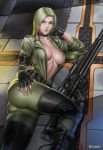 audia_pahlevi belt black_footwear blonde_hair breasts choker cleavage commentary english_commentary fingerless_gloves fingernails floor gloves gun hand_on_hip hand_on_own_cheek highres jacket large_breasts long_hair lying metal_gear_(series) metal_gear_solid on_side open_clothes open_jacket rifle sleeves_rolled_up sniper_rifle sniper_wolf solo weapon yellow_eyes 