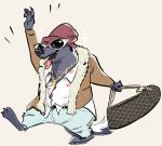  2018 ambiguous_gender anthro barefoot beanie brown_background chest_tuft claws clothed clothing cross disney eyewear fur_trim handbag hat holding_object honey_(zootopia) honey_badger jewelry mammal mustelid necklace nobby_(artist) open_jacket open_mouth open_smile sharp_teeth simple_background smile solo sparkle sunglasses teeth toe_claws tuft walking zootopia 