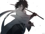  blue_eyes dalc_rose fighting_stance hair_ribbon japanese_clothes kimono limited_palette looking_at_viewer mole mole_under_eye ponytail ribbon scarf simple_background sword touken_ranbu twitter_username uchigatana weapon yamato-no-kami_yasusada 