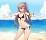  armband bangs beach bikini black_bikini blue_sky breasts brown_hair closed_eyes closed_mouth cloud collared_vest day embarrassed eyebrows_visible_through_hair front-tie_bikini front-tie_top girls_frontline highres legs_apart long_hair narynn navel ocean outdoors outstretched_arms scar scar_across_eye side-tie_bikini side-tie_bottom side_ponytail sky small_breasts solo standing swimsuit ump45_(girls_frontline) very_long_hair water wet 