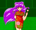  1girl chinese_clothes chinese_dress double_bun green_background purple_hair ranma_1/2 shampoo_(ranma_1/2) solo 