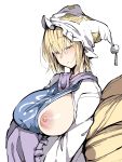  areolae blonde_hair blush breasts commentary_request dress eyebrows_visible_through_hair fox_tail hair_between_eyes hat head_tilt highres kz_oji large_areolae large_breasts long_sleeves looking_at_viewer multiple_tails nipples one_breast_out pillow_hat short_hair simple_background smile solo tabard tail touhou upper_body white_background white_dress white_hat wide_sleeves yakumo_ran yellow_eyes 