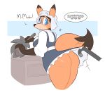  2018 anthro big_breasts big_butt blue_eyes blush breasts brown_hair butt cane canine claws clothed clothing dialogue digital_media_(artwork) english_text feather_duster female fox fully_clothed fur hair holding_object kilinah leaning leaning_forward looking_back maid_uniform mammal no_underwear open_mouth rear_view simple_background solo standing text thick_thighs uniform voluptuous wide_hips 