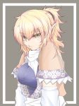  :t blonde_hair blush breasts cube85 detached_sleeves eyebrows_visible_through_hair green_eyes hair_between_eyes impossible_clothes looking_at_viewer medium_breasts mizuhashi_parsee pointy_ears pout short_hair short_ponytail slit_pupils solo touhou upper_body 