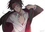  brown_hair collarbone dalc_rose earrings jacket jewelry kashuu_kiyomitsu long_hair male_focus mole mole_under_mouth open_clothes open_shirt red_eyes shirt simple_background solo touken_ranbu twitter_username 