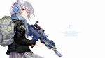  artist_request assault_rifle bag dress eotech fuyuno_haruaki gun highres looking_at_viewer monkey original pink_eyes rifle school_uniform solo source_request weapon white_background white_hair 