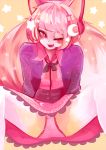  2015 abstract_background anthro cat chibi-chiaki chokico clothed clothing digital_media_(artwork) dress feline female fully_clothed hair mammal one_eye_closed open_mouth open_smile panties pink_bottomwear pink_hair pink_topwear purple_topwear signature smile solo spread_legs spreading star underwear upskirt wink 