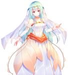  :d arcelle bangs blue_hair blunt_bangs breasts choker cleavage detached_sleeves dress fire_emblem fire_emblem:_rekka_no_ken fire_emblem_heroes hair_between_eyes hair_ornament highres long_dress long_hair looking_at_viewer mamkute medium_breasts ninian open_mouth red_eyes simple_background smile solo standing striped striped_dress very_long_hair white_background white_dress 