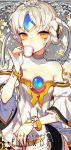  bare_shoulders bracelet character_name chest_jewel choker code:_empress_(elsword) collarbone copyright_name cup detached_sleeves double_bun dress drinking elsword eve_(elsword) facial_mark forehead_jewel holding holding_cup jewelry long_hair looking_at_viewer pika_(kai9464) pinky_out puffy_sleeves silver_hair solo strapless strapless_dress teacup tiara white_dress white_sleeves yellow_eyes 