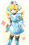 1girl android angs arupiyo_(catcat721) blonde_hair blue_eyes blush cinnamon female hair_between_eyes hat headgear long_hair looking_at_viewer nurse open_mouth reaching_out rockman rockman_x rockman_x_command_mission simple_background smile solo thighhighs white_background zettai_ryouiki 