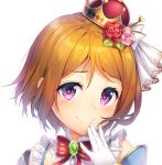  bow bowtie brooch brown_hair crown flower frills gloves hair_flower hair_ornament hand_to_own_mouth highres jewelry koizumi_hanayo kyouou_ena looking_at_viewer love_live! love_live!_school_idol_festival love_live!_school_idol_project pink_flower pink_rose portrait purple_eyes red_eyes red_flower red_rose rose short_hair simple_background smile smug solo striped striped_neckwear white_background white_gloves 