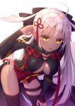  adjusting_hair ahoge bangs black_legwear blush bow breasts cleavage commentary dark_skin fate/grand_order fate_(series) hair_bow hand_on_hip hanging_breasts large_breasts leaning_forward long_hair looking_at_viewer no_panties okita_souji_(alter)_(fate) okita_souji_(fate)_(all) open_mouth patori simple_background solo tassel thighhighs thighs very_long_hair white_background white_hair yellow_eyes 