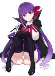  ass bb_(fate)_(all) bb_(fate/extra_ccc) black_footwear black_legwear breasts cameltoe fate/extra fate/extra_ccc fate_(series) gloves hair_ribbon high-waist_skirt holding holding_wand large_breasts long_hair long_sleeves looking_at_viewer mitsukazu_(nijigen_complex) neck_ribbon panties pantyshot pantyshot_(sitting) purple_eyes purple_hair red_ribbon ribbon shoes simple_background sitting skirt smile solo underwear very_long_hair wand white_background white_gloves white_panties 