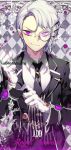  add_(elsword) artist_name black_neckwear butler checkered checkered_background elsword english facial_mark gloves hand_up lapel_pin looking_at_viewer male_focus monocle necktie pika_(kai9464) purple_eyes silver_hair smirk solo striped striped_vest upper_body vertical_stripes white_gloves 