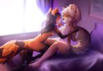  2018 anthro bed blush breasts brown_fur canine digital_media_(artwork) dog duo eye_contact face_to_face female female/female fur hair hand_holding hazelmere hi_res kati mammal nipples nude on_bed orange_fur pillow ponytail pussy red_panda romantic_couple shiba_inu smile spread_legs spreading stripes white_fur 