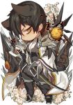  animal_ears black_hair black_pants black_vest blade_master_(elsword) brown_eyes cat_ears cat_tail chibi coattails electricity elsword flower holding holding_sword holding_weapon jacket long_sleeves male_focus mechanical_arm pants pika_(kai9464) raven_(elsword) rose shuriken solo spikes standing sword tail vest weapon white_flower white_rose 