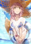  absurdres animal_ears beach bikini blue_bikini blue_sky cloud cowboy_shot day dorashieru ears_through_headwear fate/extra fate/extra_ccc fate/grand_order fate_(series) fox_ears fox_tail highres innertube leaning_forward lips looking_at_viewer outdoors pink_hair shirt side-tie_bikini sky smile solo swimsuit tail tamamo_(fate)_(all) tamamo_no_mae_(fate) tamamo_no_mae_(swimsuit_lancer)_(fate) wet wet_clothes wet_shirt wet_t-shirt yellow_eyes 