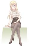  bang_dream! bangs belt black_footwear black_legwear black_skirt blonde_hair bracelet crossed_legs e20 earrings glasses hand_on_lap high_heels jewelry long_hair open_mouth pantyhose purple_eyes shirasagi_chisato shirt short_sleeves sitting skirt smile solo white_shirt 