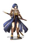  armor blue_eyes blue_hair fingerless_gloves fire_emblem fire_emblem:_ankoku_ryuu_to_hikari_no_tsurugi fire_emblem:_kakusei fire_emblem:_monshou_no_nazo fire_emblem:_shin_ankoku_ryuu_to_hikari_no_tsurugi fire_emblem:_shin_monshou_no_nazo full_body gloves gzei headband holding holding_sword holding_weapon japanese_armor katua looking_at_viewer sandals sheath simple_background skirt solo sword watermark weapon white_background 