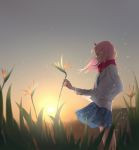  bird_of_paradise commentary darling_in_the_franxx flower from_side green_eyes hairband hand_in_pocket highres holding holding_flower horns jacket long_hair pink_hair plaid plaid_skirt red_horns red_scarf scarf school_uniform skirt sky solo standing sunset umumu white_hairband zero_two_(darling_in_the_franxx) 