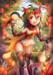  :d ahoge arm_warmers bai_qiao bare_shoulders black_hair black_legwear brown_eyes brown_footwear circlet cyndaquil flat_chest flower forest gen_2_pokemon groin highres leppa_berry midriff moemon nature navel open_mouth outdoors personification pokemon pokemon_(creature) smile standing thigh_gap thighhighs 
