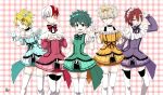  5boys bakugou_katsuki bare_shoulders blonde_hair blue_eyes boku_no_hero_academia burn_scar choker crossdressing double_v glove green_hair hair_ribbon headband heterochromia kaminari_denki kirishima_eijirou magical_girl midoriya_izuku multicolored_hair multiple_boys one_eye_closed red_eyes red_hair short_hair skirt smile spiked_hair thighhighs todoroki_shouto trap v white_hair 