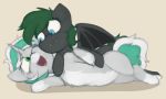  bat_pony bat_wings cuddling duo equine eye_contact fan_character fangs female horse lying mammal marsminer membranous_wings minty_spots my_little_pony nude pony simple_background tan_background wings 