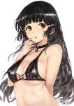 alternate_costume alternate_hairstyle arm_behind_back bangs bare_shoulders bikini black_bikini black_hair blush breasts brown_eyes choker cleavage commentary dated hair_down hair_ornament hairclip hand_up highres kantai_collection long_hair looking_at_viewer myoukou_(kantai_collection) o-ring o-ring_top open_mouth remodel_(kantai_collection) ribs sidelocks signature simple_background solo swimsuit toka_(marchlizard) upper_body white_background 
