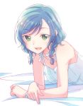  :d bang_dream! bed_sheet blue_hair bow bracelet choker come_hither e20 eyebrows_visible_through_hair fang green_eyes hair_bow hikawa_hina jewelry looking_at_viewer lying on_stomach open_mouth short_hair side_braids smile solo white_bow white_choker 