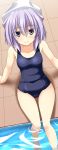  blue_swimsuit blush breasts commentary_request day from_above hat highres lavender_eyes lavender_hair letty_whiterock looking_at_viewer looking_up old_school_swimsuit one-piece_swimsuit pool poolside rappa_(rappaya) school_swimsuit small_breasts smile soaking_feet solo swimsuit touhou wading water yuki_onna 
