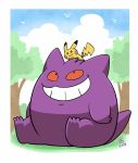  2018 ambiguous_gender duo forest gengar nintendo pikachu pok&eacute;mon pok&eacute;mon_(species) size_difference takataka tree video_games 