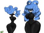  anthro anthrofied armless big_breasts black_skin blue_hair blush breasts duo female gloryworm grin hair jaranra monja nintendo pok&eacute;mon pok&eacute;mon_gold_beta simple_background smile thick_thighs video_games white_background wide_hips 