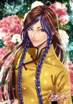  1boy androgynous artist_request blue_eyes braid brown_hair long_hair looking_at_viewer male red_eyes shion_(kof) snk solo the_king_of_fighters trap 
