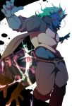  abs blue_fur clothed clothing crowxxxxxxxxxx fully_clothed fur green_hair hair hyena jacket male mammal muscular muscular_male nyarlathotep tokyo_afterschool_summoners 