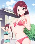  2girls bikini blush cloud female highres kissxsis looking_at_viewer multiple_girls navel open_mouth outdoors red_hair sisters sky small_breasts suminoe_ako suminoe_riko swimsuit teeth tree twins v 