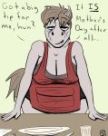  2018 anthro big_breasts breasts brown_hair cleavage clothed clothing dialogue digital_media_(artwork) english_text equine female fork fully_clothed glass hair hand_on_thigh holidays horse inside knife leaning leaning_forward looking_at_viewer mammal mature_female mother&#039;s_day open_mouth plate savagelyrandom short_hair simple_background solo standing suzanne_(savagelyrandom) text thick_thighs voluptuous wide_hips 