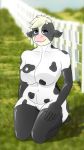  2018 big_breasts blue_eyes bodysuit bovine breasts buffbumblebee_(artist) cattle clothed clothing digital_drawing_(artwork) digital_media_(artwork) eyebrows eyelashes female fence front_view fur grass hair hi_res looking_at_viewer mammal navel rubber shiny skinsuit smile solo thick_thighs tight_clothing toes wide_hips 