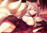  animal_ears anthropomorphism breasts flower_knight_girl flowers foxgirl higanbana_(flower_knight_girl) japanese_clothes kimono long_hair multiple_tails nipple_slip nipples no_bra nopan red_eyes sanom tail waifu2x white_hair 