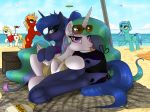  2018 absurd_res beach butt clothing cloud cutie_mark digital_media_(artwork) dock duo_focus earth_pony equine eyelashes eyewear fan_character feathered_wings feathers female feral friendship_is_magic group hair hi_res hooves horn horse long_hair looking_at_viewer mammal multicolored_hair my_little_pony open_mouth outside pegasus pony princess_celestia_(mlp) princess_luna_(mlp) redvais seaside smile sunglasses tongue tongue_out underhoof water winged_unicorn wings 
