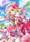 :d balloon bangs blonde_hair blue_sky blurry bow cloud cloudy_sky cowboy_shot crystal daisy depth_of_field eyebrows_visible_through_hair flandre_scarlet flower frilled_skirt frills green_ribbon hair_between_eyes hat hat_bow holding holding_stuffed_animal kure~pu leg_garter looking_at_viewer mob_cap one_side_up open_mouth outdoors petals pink_flower red_bow red_eyes red_skirt red_vest ribbon shirt short_hair short_sleeves skirt sky smile solo stuffed_animal stuffed_toy teddy_bear touhou vest white_flower white_shirt wings yellow_flower 