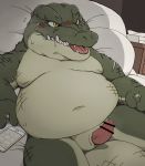  anthro bed bed_sheet bedding belly blush cellphone crocodile crocodilian drooling male overweight penis phone reptile saliva scalie sweat tissue tissue_box waniharu 
