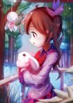  animal bai_qiao blurry blurry_background bow brown_eyes brown_hair bunny floral_print highres holding holding_animal long_hair long_sleeves looking_to_the_side open_mouth original profile railing rain red_bow standing teruterubouzu 