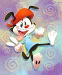  2019 4_fingers abstract_background animaniacs blue_eyes bottomless clothed clothing digital_media_(artwork) hat inkblot looking_at_viewer mammal markings open_mouth open_smile outline red_nose saliva signature smile socks_(marking) solo tongue tongue_out toony v_sign vaporotem wakko_warner warner_brothers white_gloves 